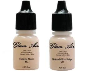Glam Air Airbrush Makeup Foundations Set Two  M3 Natural Nude and M5 Natural Olive Beige for Flawless Looking Skin Matte Finish For Normal to Oily Skin (Water Based)0.25oz Bottles