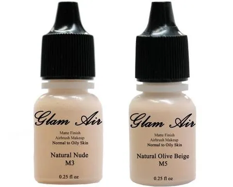 Glam Air Airbrush Makeup Foundations Set Two  M3 Natural Nude and M5 Natural Olive Beige for Flawless Looking Skin Matte Finish For Normal to Oily Skin (Water Based)0.25oz Bottles